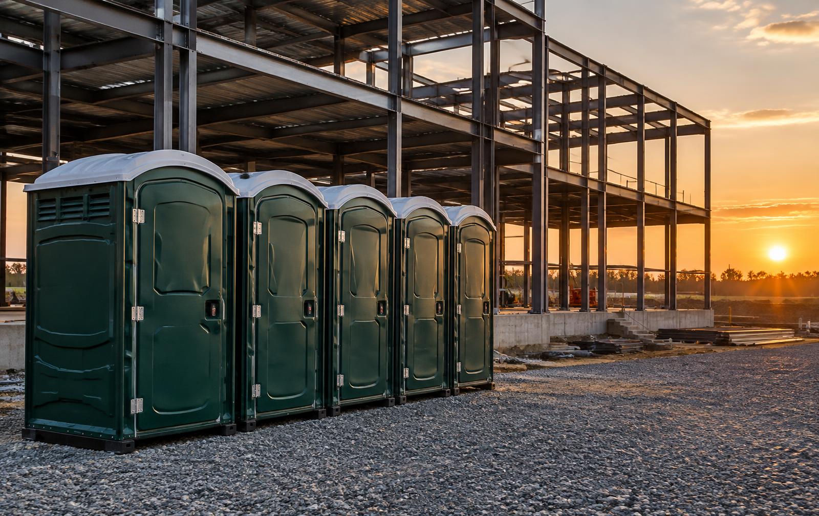 Clean portable restroom units lined up on a Midlands construction site